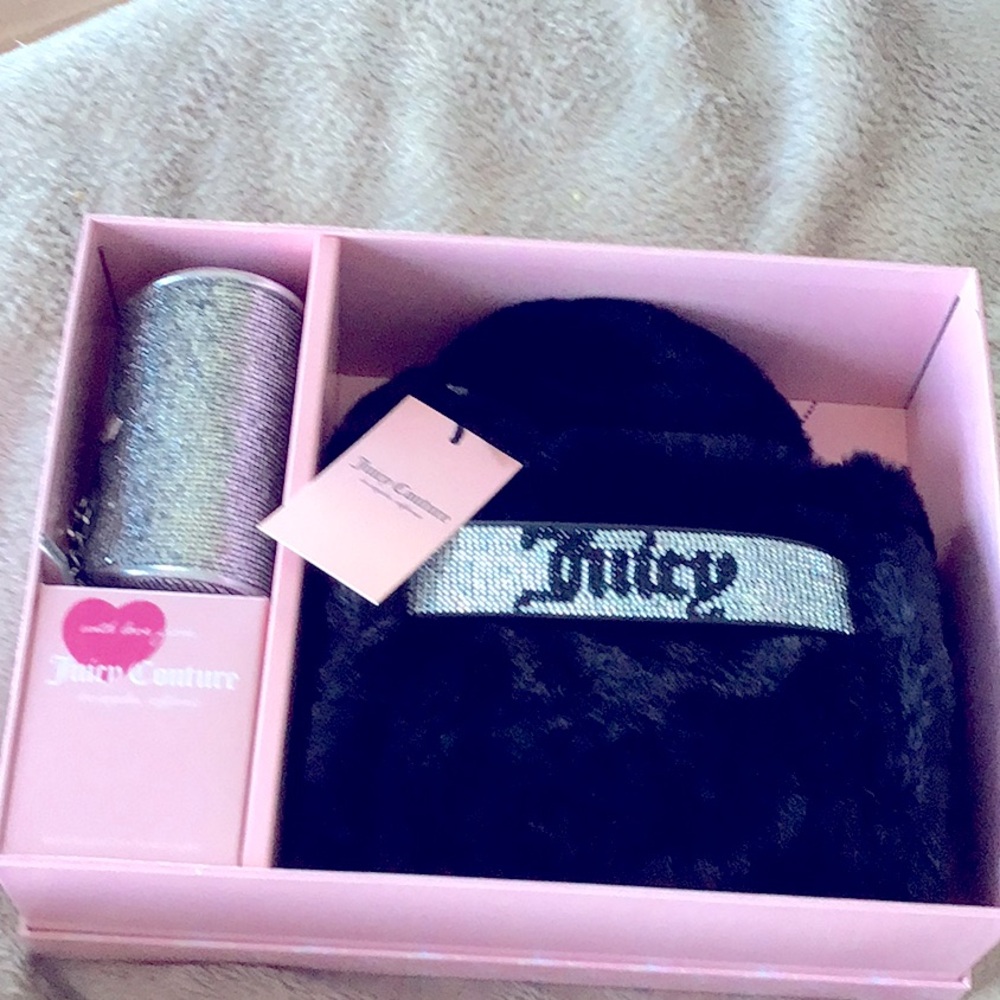 Juicy Couture Dusty Liquorice Black Mini Faux Fur Tote + Coin Purse Gift Set NWT